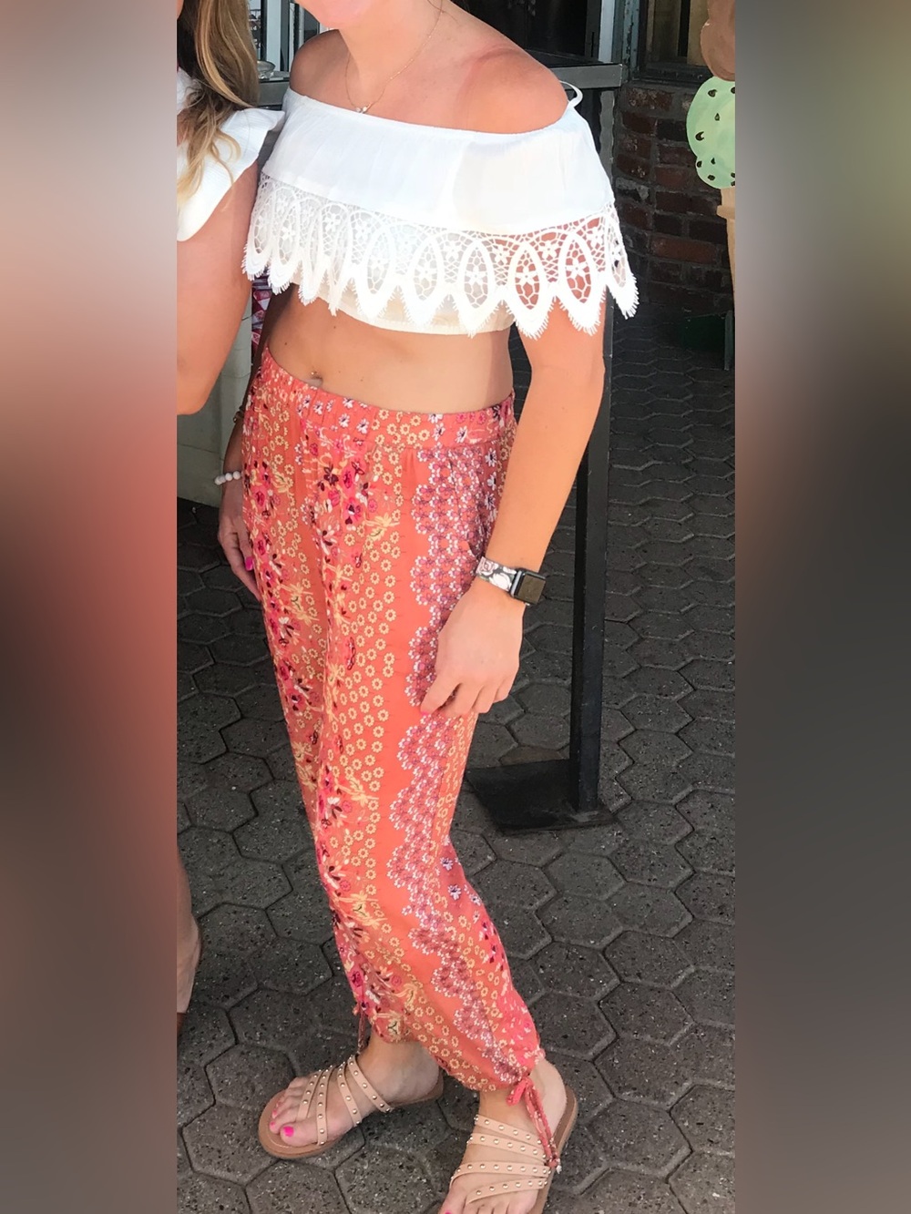 Boho Rust Floral Print Lounge Pants with White Crochet Crop Top